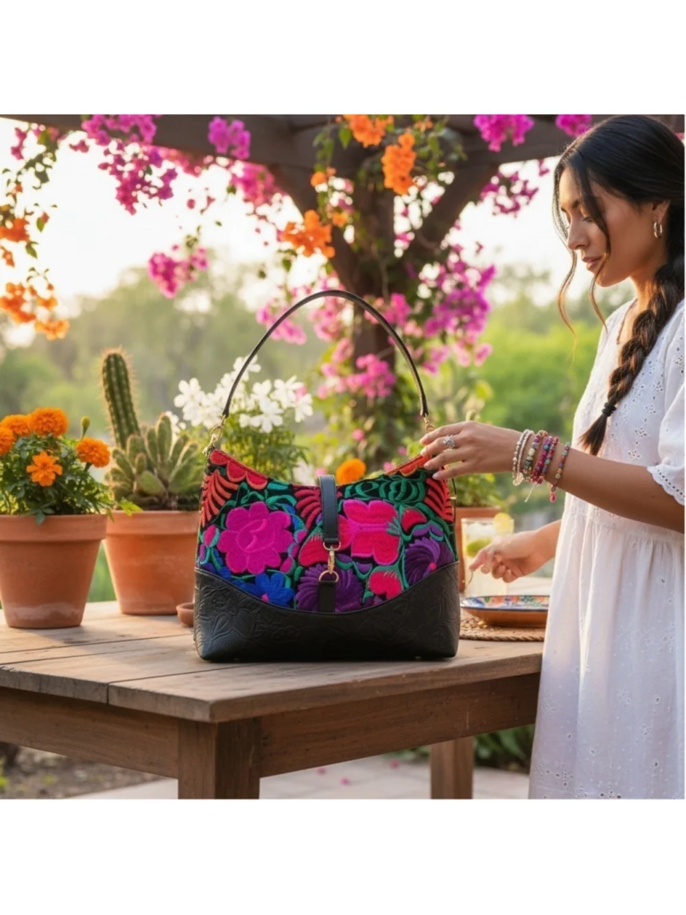 Floral Embroided Embossed Tooled Artisan LEATHER Handbag Shoulder Purse Black